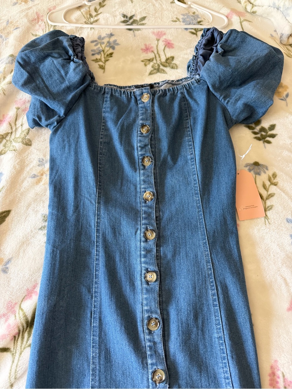 Denim Button-Front Puff Sleeve Dress - Blue - Picture 4 of 5
